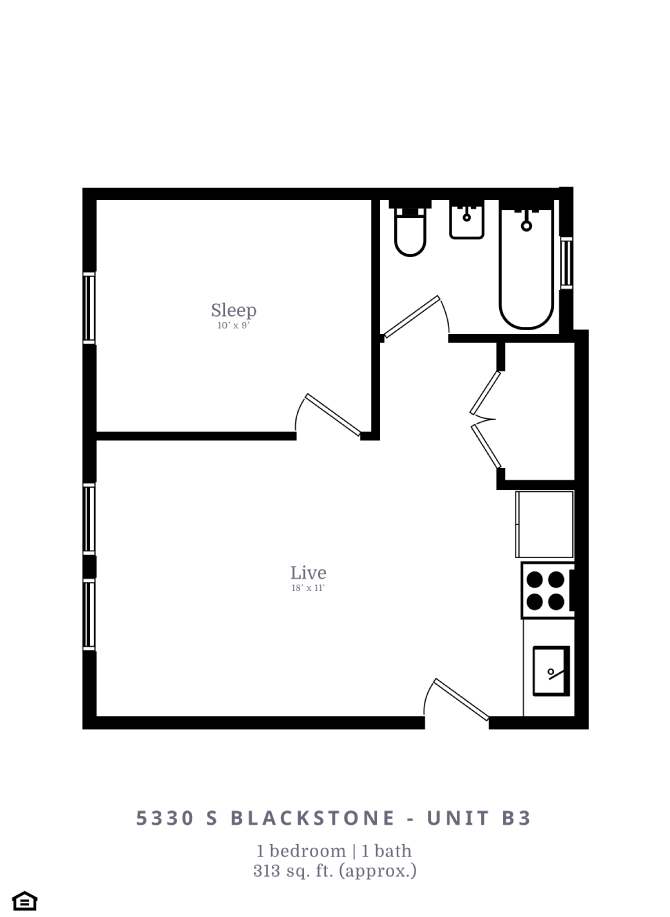 Floor plan for 1 bed, 1 bath, 313 sqft